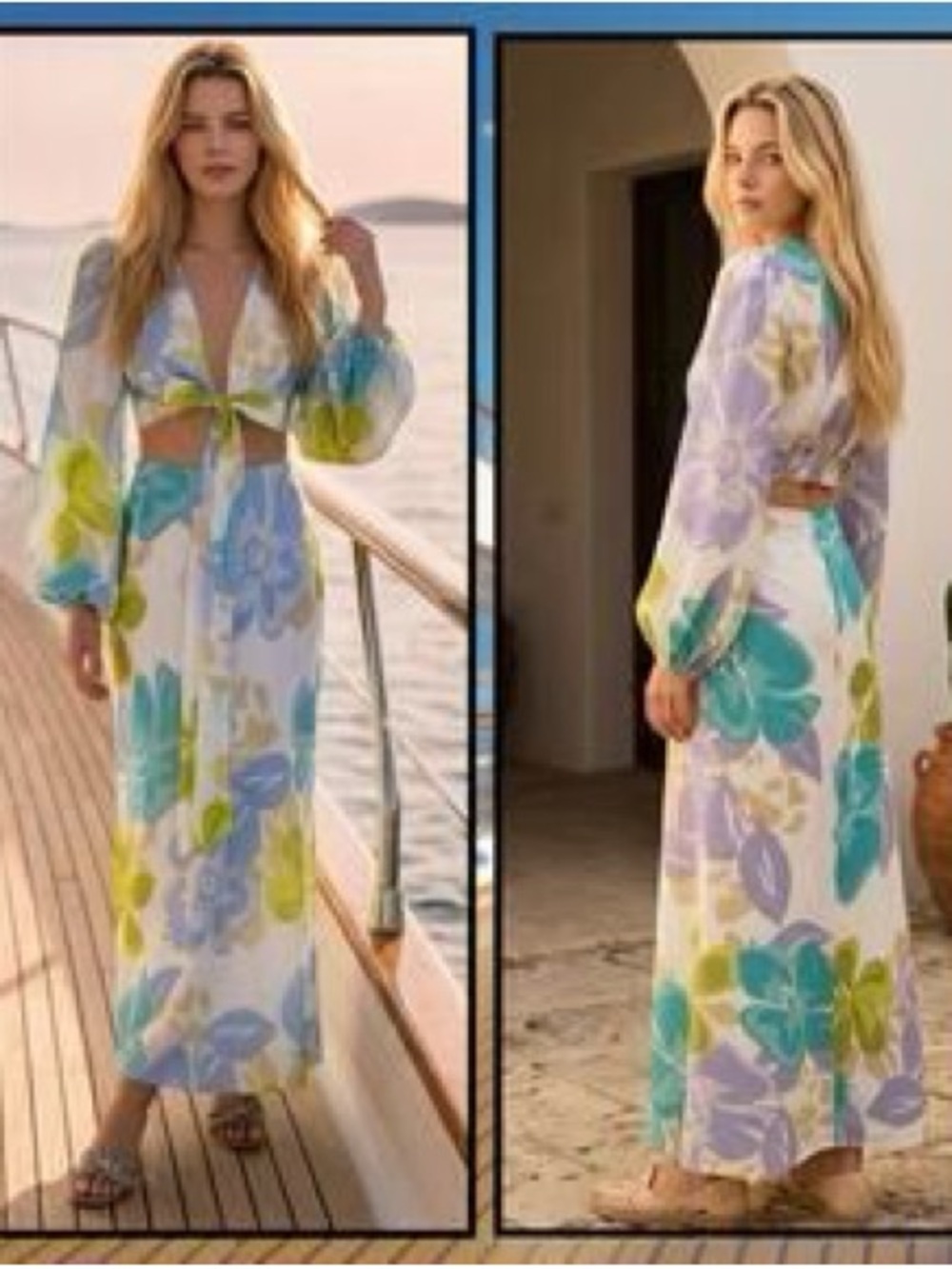Mika & Gala Floral Skirt Set (Top + Midi Skirt) – Blue/Green Print NWT